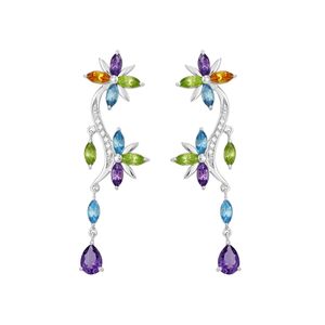 Brinco em Ouro Branco 18K Flor com Pedras Brasileiras e Diamantes - AU1277
