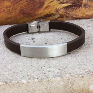 Pulseira Masculina Placa em Aço e Couro Marrom - PL1570