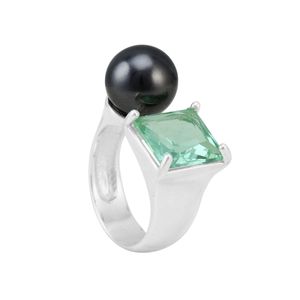 Anel em Prata 925 Pérola Negra com Zircônia Aqua - PL7416