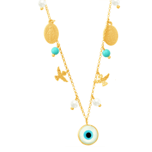 Gargantilha em Ouro 18k Olho Gregro, Divino e N. Senhora- AU8256
