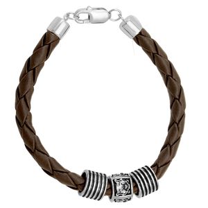 Pulseira Masculina em Prata 925 Couro Marrom com Separadores - PL10047