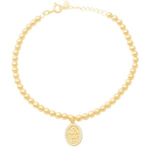 Pulseira em Ouro 18k Bolinhas com Nossa Senhora das Graças com Diamantes - AU10168