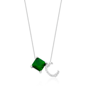 Gargantilha em Prata 925 com Banho de Ródio e Letra C com Pedra Esmeralda - PL14013