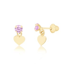 Brinco em Ouro 18K Coração com Zircônia Rosa - AU10463