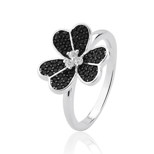 Anel em Prata 925 Flor com Zircônias Negras - PL17836