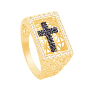 Anel em Ouro 18K Cruz com Zircônias - AU11829