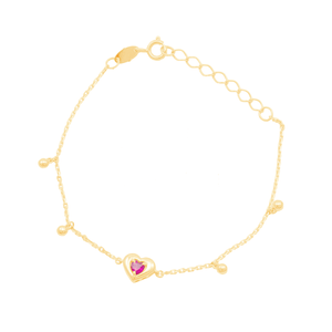 Pulseira Infantil Coração com Rubi e Bolinhas em Ouro 18K - AU12143