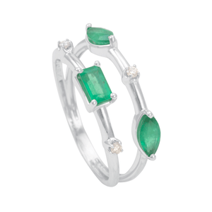 Anel em Ouro Branco 18K  com Esmeralda e Diamante - AU12138