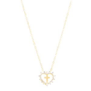 Colar em Ouro 18K Coração com Cruz e Diamantes - AU12266