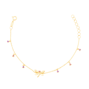 Pulseira Infantil em Ouro 18K Libélula com Rodolita e Ametista - AU12290