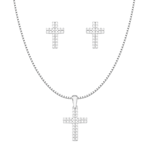 Conjunto Prata 925 em Banho de Ouro Branco Cruz com Zircônias - PL18720