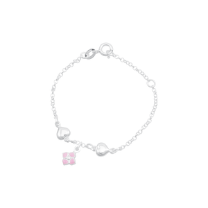 Pulseira Infantil em Prata 925 Flor Esmaltada e Corações - PL18450