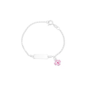 Pulseira Infantil em Prata 925 Plaquinha com Flor Rosa - PL19690