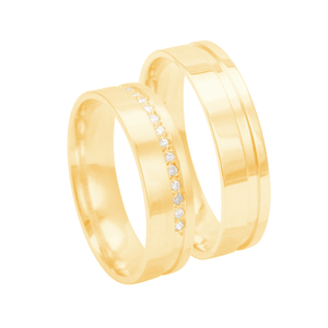 Par de Alianças 5MM com Friso e Diamantes em Ouro 18K - AU5314
