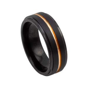 Anel Masculino em Aço Negro com Filete em Banho de Ouro - PL20791