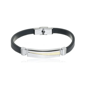 Bracelete Masculino em Couro Preto com Placa em Aço - PL21098