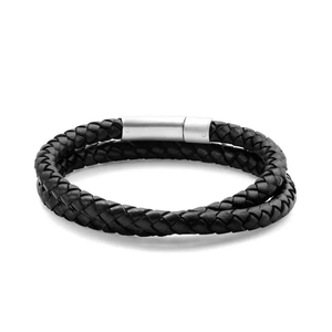 Bracelete Masculino em Couro Preto Trançado com Fecho em Aço - PL21096