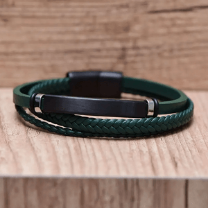 Bracelete Masculino em Couro Verde com Placa em Aço - PL21111