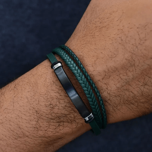 Bracelete Masculino em Couro Verde com Placa em Aço - PL21111