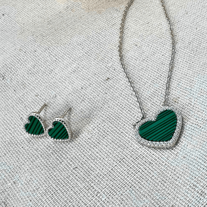 Conjunto Coração Verde Malaquita com Zircônias em Prata 925 - PL21803