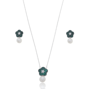 Conjunto Flor Verde Malaquita com Pérola em Prata 925 - PL21811