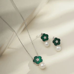Conjunto Flor Verde Malaquita com Pérola em Prata 925 - PL21811