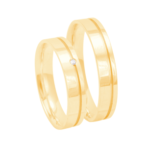 Par de Alianças 4MM com Friso e Diamante em Ouro 18K - AU13204