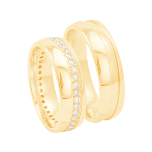 Par de Aliança 6MM com Friso e Diamantes em Ouro 18K - AU4223
