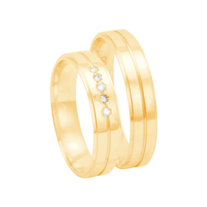 Par de Aliança Reta 4,6MM com Friso e Diamantes em Ouro 18K - AU7114