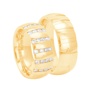 Par de Aliança 8MM com Friso e Diamantes em Ouro 18K - AU1537