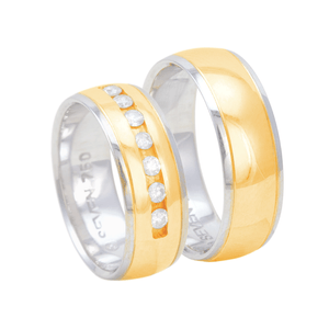Par de Aliança 6,8MM Bicolor com Diamantes em Ouro 18K - AU9019