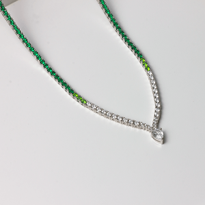 Colar Riviera Zircônias Verde e White Pingente Gota Cristal em Prata 925 - PL22385