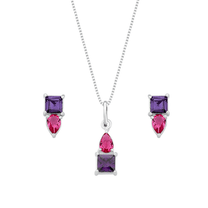 Conjunto Zircônia Quadrado Ametista Navete Rubi em Prata 925 - PL22488
