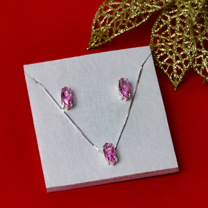 Conjunto Navete Zircônia Rosa Facetada em Prata 925 - PL22484