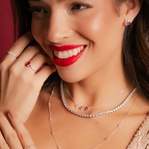 Conjunto Flores Zircônias Rubi em Prata 925 - PL22451