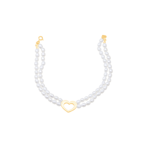 Pulseira Pérola Coração Duplo Fosco em Ouro 18K - AU14017