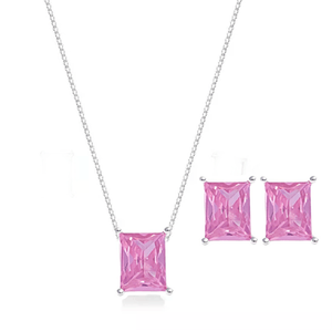 Conjunto Retangular Zircônia Rosa em Prata 925 - PL22478