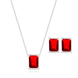 Conjunto Retangular Zircônia Rubi em Prata 925 - PL22482