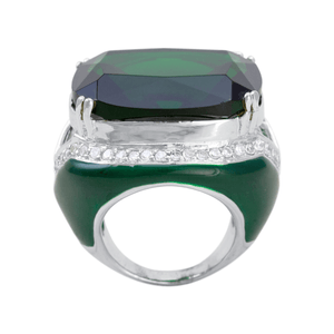 Anel Cristal Verde e Zircônias White em Prata 925 e Banho de Ródio - PL23123