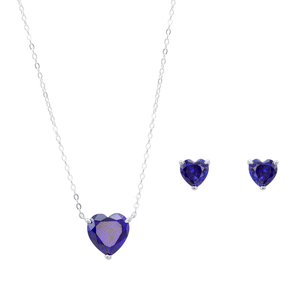 Conjunto Coração Cristal Azul em Prata 925 e Banho de Ouro Branco - PL22056