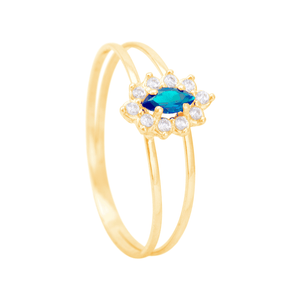 Anel Navete com Zircônia Central Azul em Ouro 18K - AU14217
