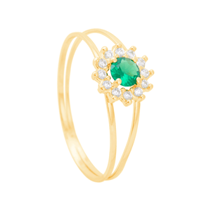 Anel Cravejado com Zircônia Central Verde em Ouro 18K - AU14211
