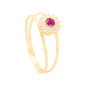 Anel Redondo com Zircônia Central Rubi em Ouro 18K - AU14216