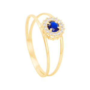 Anel Cravejado com Zircônia Central Azul em Ouro 18K - AU14213