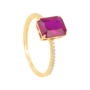 Anel Retângulo Rubi Aro Cravejado em Ouro 18K - AU14224