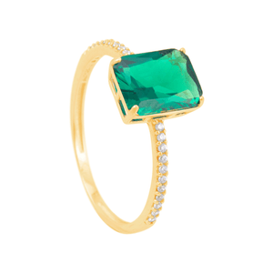 Anel Retângulo Esmeralda Aro Cravejado em Ouro 18K - AU14226
