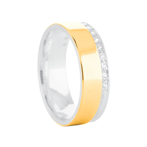 Aliança em Prata 925 e Ouro 18K Feminina 5,7MM com Zircônias - AU12673