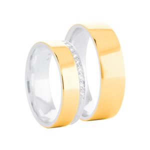 Aliança em Prata 925 e Ouro 18K Feminina 5,7MM com Zircônias - AU12673