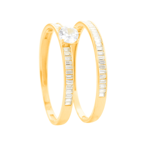 Anel Duplo com Zircônia Baguete e Solitário em Ouro 18K - AU14264