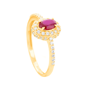 Anel Zircônia Rubi Oval Aro Cravejado em Ouro 18K - AU14321